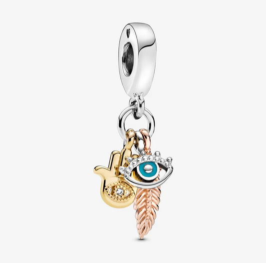 Pandora Hamsa, fjær og øyne trippel charm